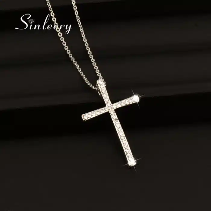 SINLEERY Silver Color Rhinestone Cross Pendant Necklace Chain For Women And Girl Xl402 Free Shipping 36