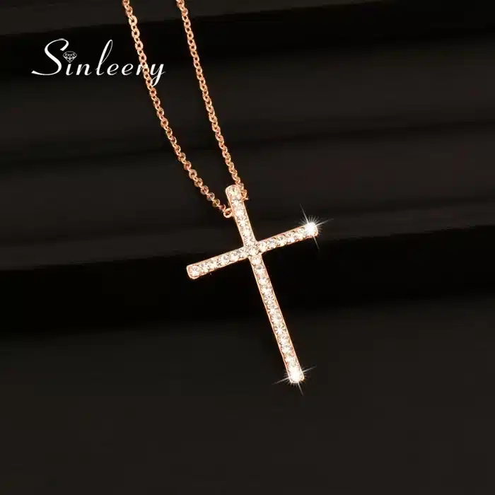 SINLEERY Silver Color Rhinestone Cross Pendant Necklace Chain For Women And Girl Xl402 Free Shipping 37