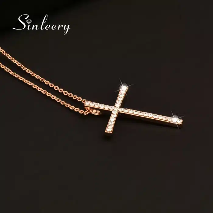 SINLEERY Silver Color Rhinestone Cross Pendant Necklace Chain For Women And Girl Xl402 Free Shipping 38