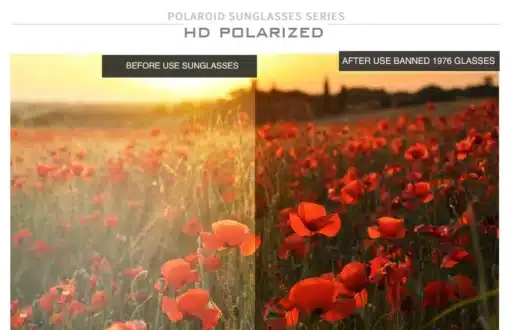 Polariseeritud nooruslikud meeste päikeseprillid | E-pood Tootemaailm Kaheosaline pilt punaste moonidega päikeseloojangu taustal. Vasakul pimedam vaade enne päikeseprillide kasutamist, paremal selgem ja eredam vaade pärast polariseeritud nooruslike meeste päikeseprillide kasutamist.