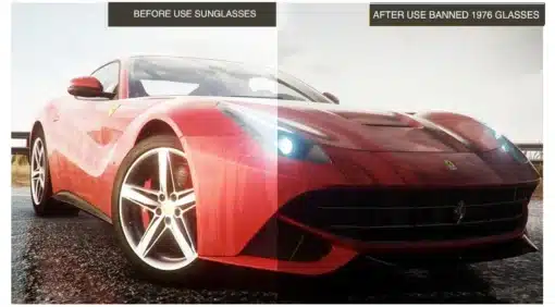 Polariseeritud nooruslikud meeste päikeseprillid | E-pood Tootemaailm Pildil on näha punane sportauto, millel on nähtav erinevus paremal ja vasakul pool. Parempoolsel poolel on auto teravam ja vähem pimestatud, viidates polariseeritud prillide efektile, mis on saavutatav Polariseeritud nooruslikud meeste päikeseprillidega.