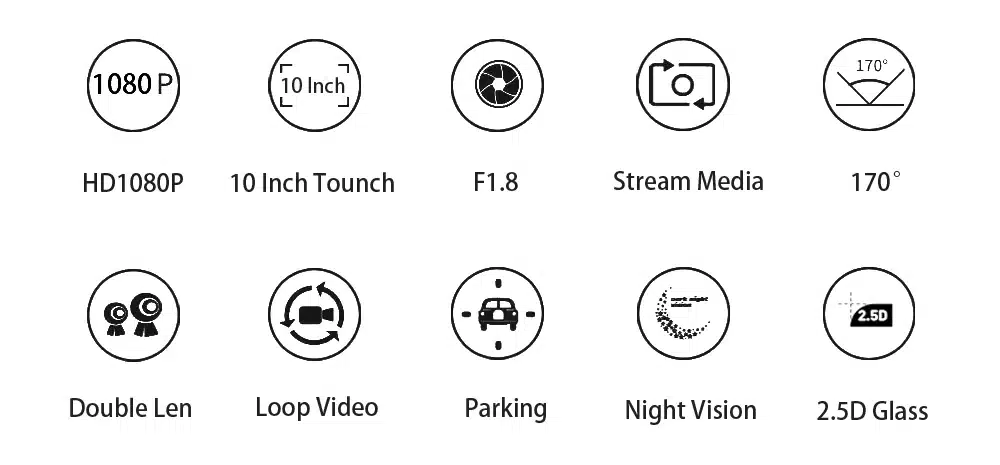 ikoonid, mis näitavad auto dvr-peegli funktsioone nagu hd1080p, 10-tolline puutetundlik ekraan ja öörežiim