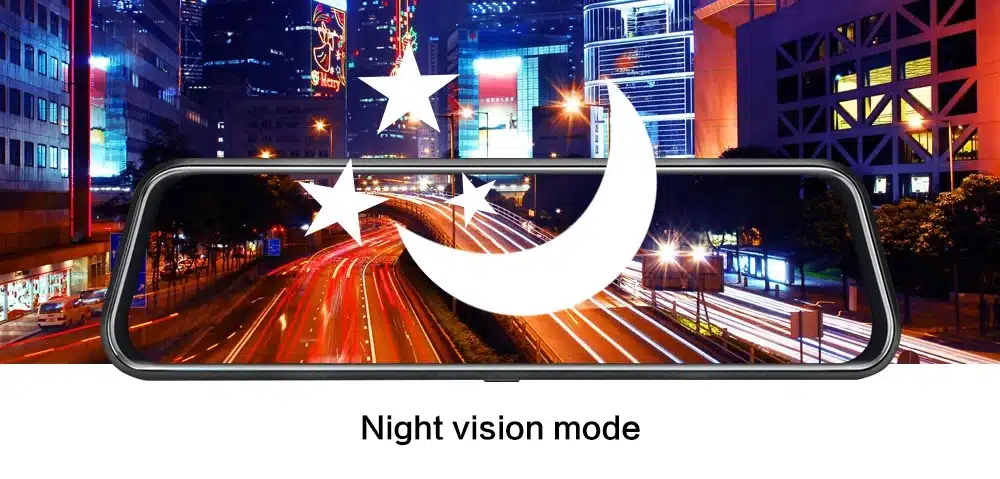 auto dvr-peegel kaameraga, mille ekraanil on öörežiimi sümbolid