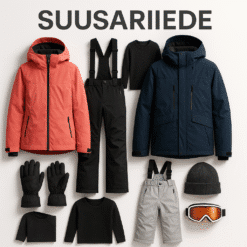Erinevad suusariided naistele, meestele ja lastele, sealhulgas suusajoped, jakid, suusapüksid, suusakindad ja komplektid