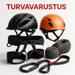 Erinevad turvavarustuse esemed nagu rattakiivrid ja ronimisrakmed