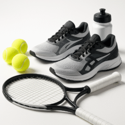 Erinevad tennisevarustuse esemed nagu reketid, pallid ja spordikotid