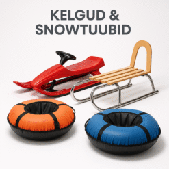 Erinevad kelgud ja snowtuubid lumisel maastikul
