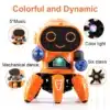 oranž robot musta näoga, millel on kuus kätt ja värvilised tuled