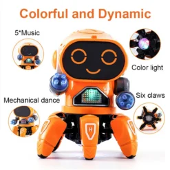 oranž robot musta näoga, millel on kuus kätt ja värvilised tuled