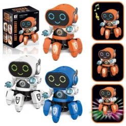kolm värvilist robotit, mis suudavad laulda ja tantsida, oranž, valge ja sinine