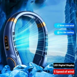 kaelas kantav sinine jahutav ventilaator LED ekraaniga