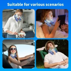 inimesed kasutavad kaelas kantavat ventilaatorit erinevates olukordades