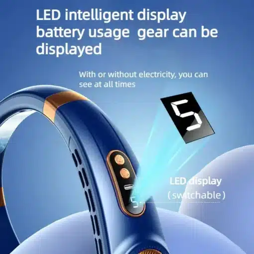 sinine kaelas kantav ventilaator LED ekraaniga
