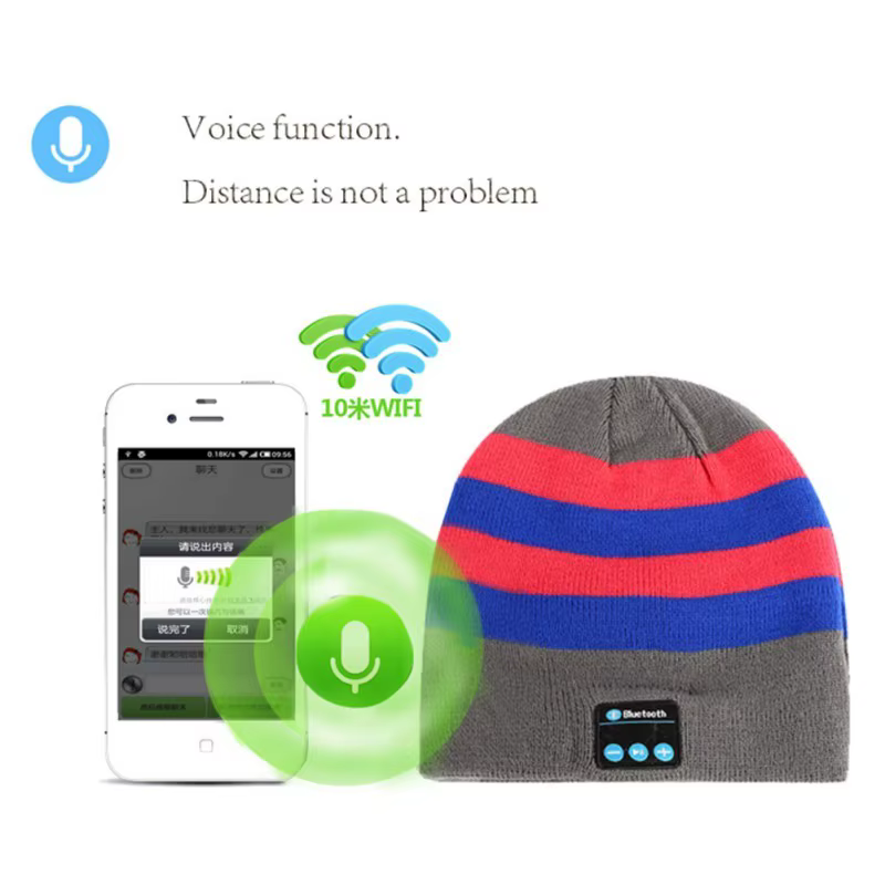 hall müts punaste ja siniste triipudega, millel on bluetoothi funktsioon