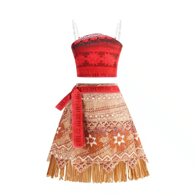 punane ja pruun printsess Moana kostüüm, millel on lillemustrid ja heegeldatud detailid