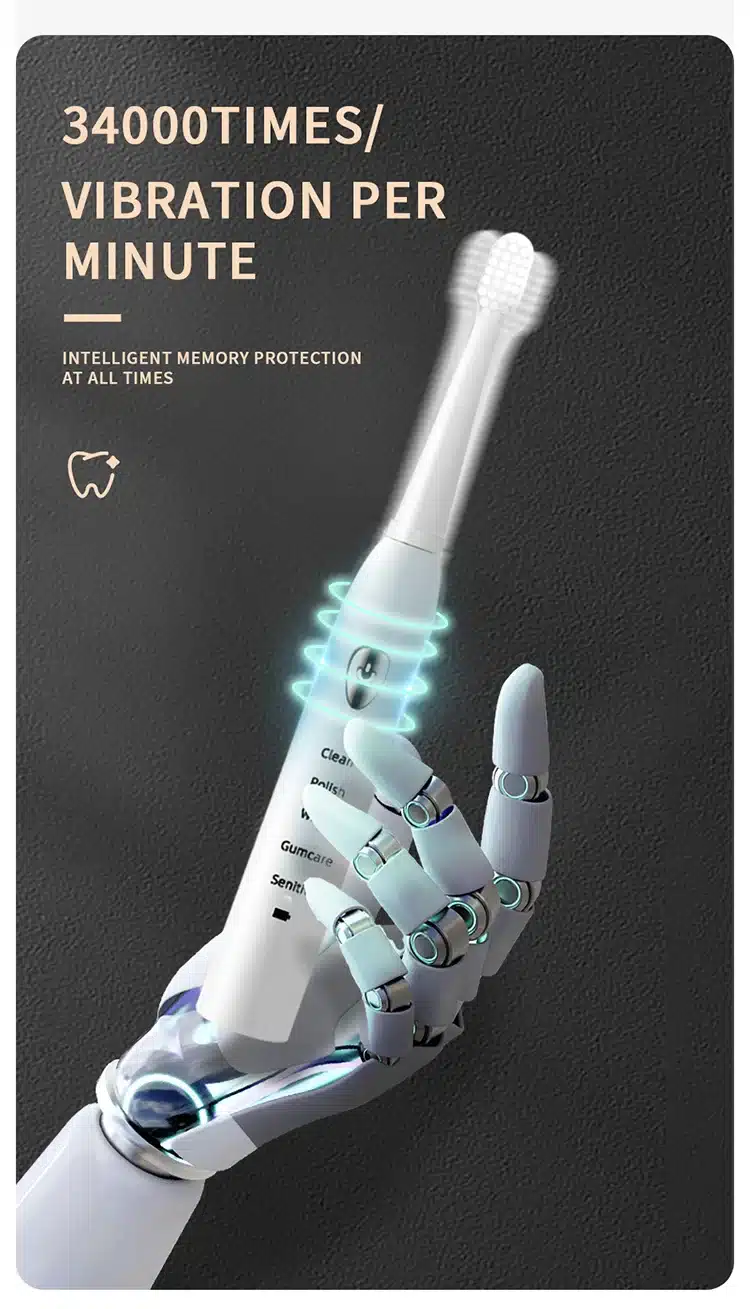 valge elektriline hambahari robotkäes, millel on vibratsiooniefektid