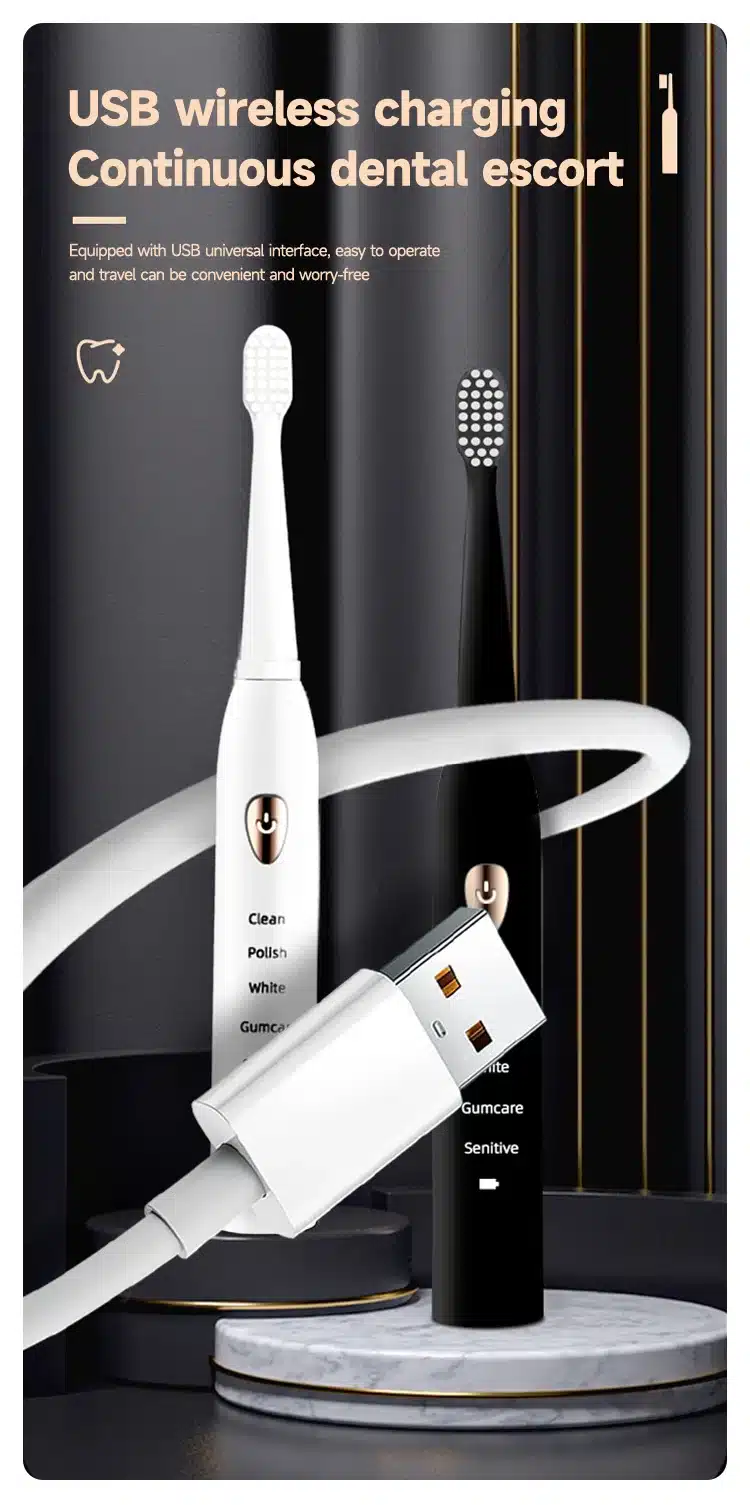 must ja valge elektriline hambahari USB laadijaga