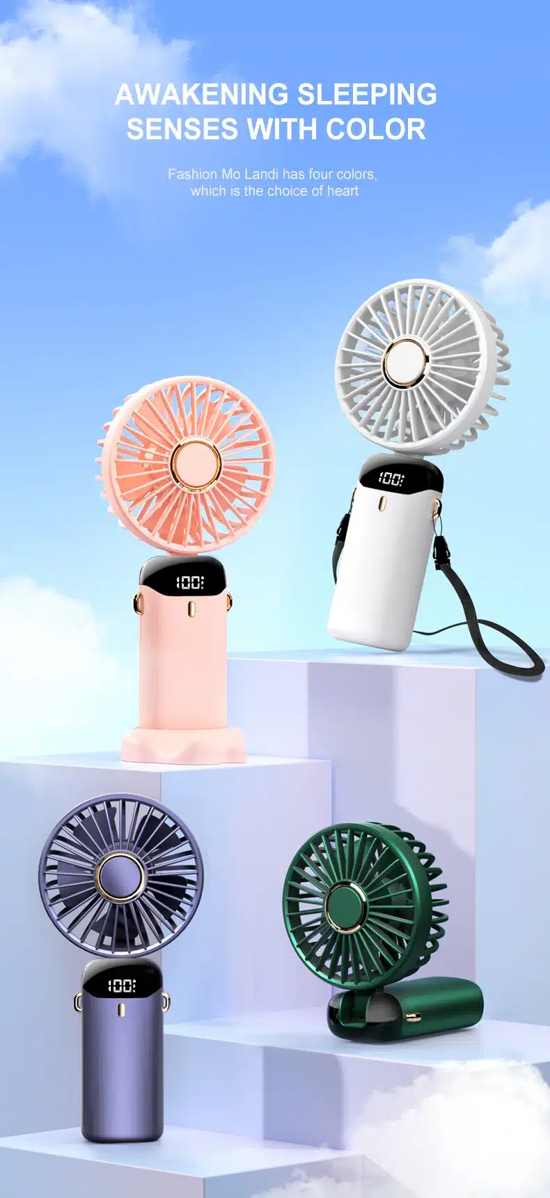 neli värvilist volditavat ventilaatorit sinisel taustal