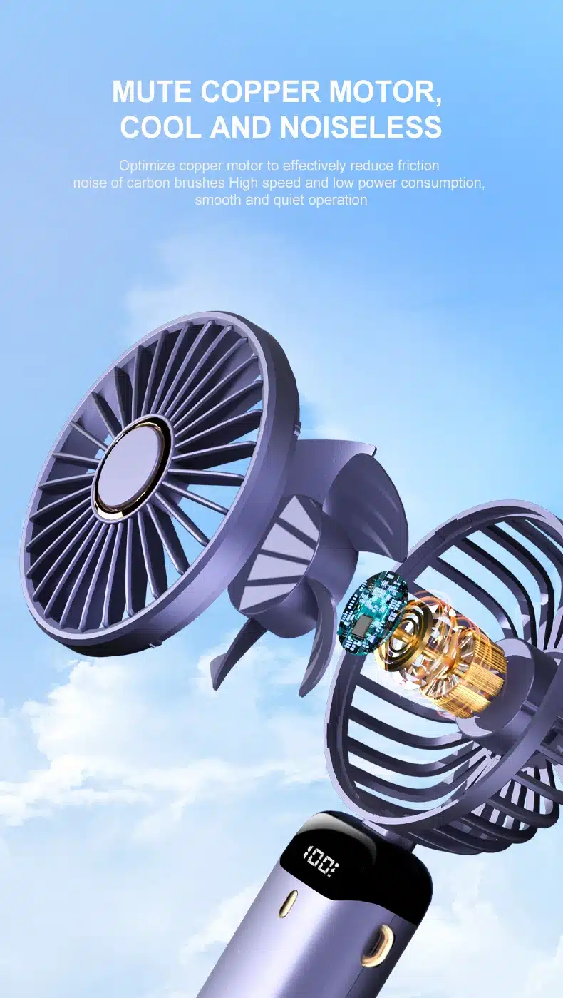 väike sinine kaasaskantav ventilaator koos vasevärvi mootoriga