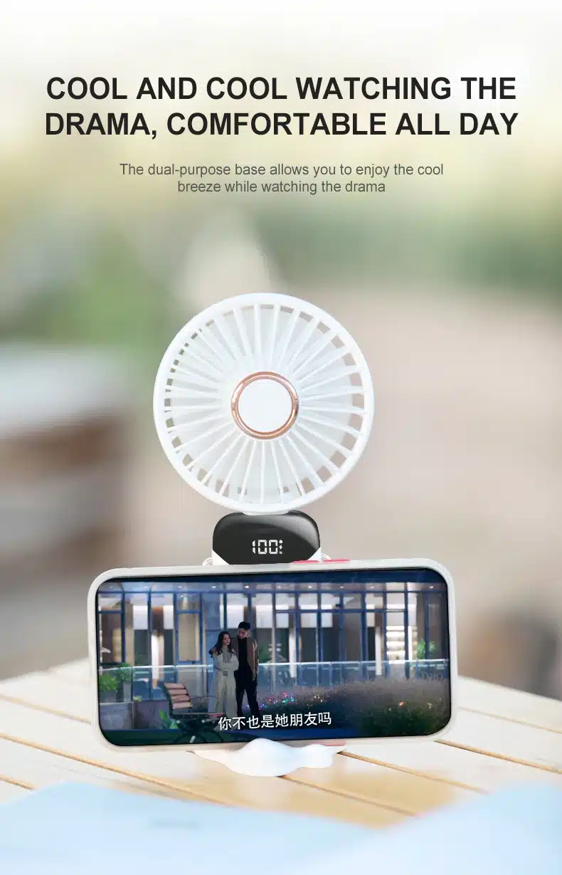 valge volditav ventilaator koos telefonialusega