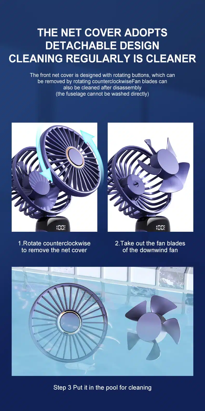 sinine kaasaskantav ventilaator eemaldatava võrguga