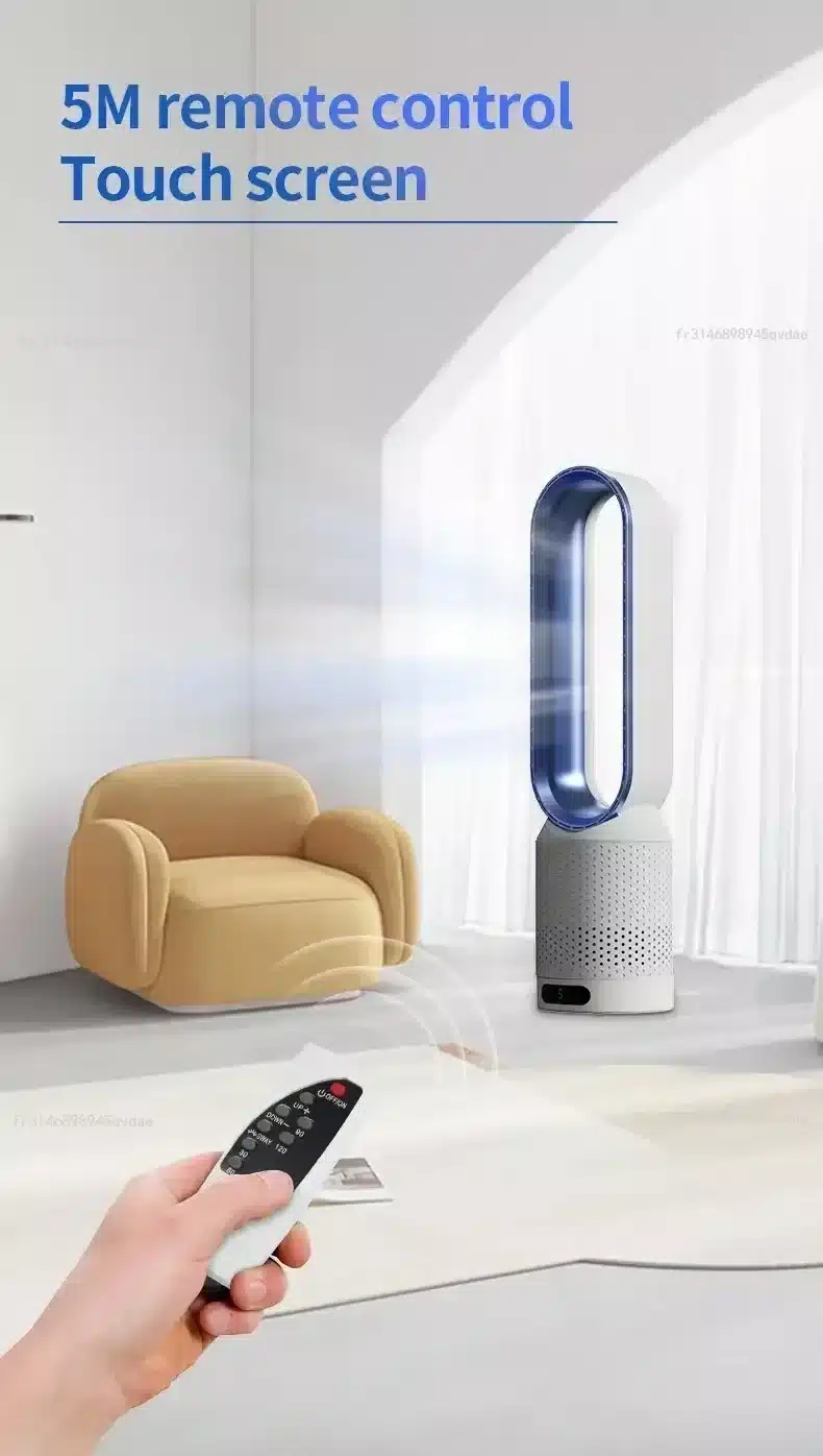 valge ja sinine labadeta ventilaator kaugjuhtimispuldiga kaasaegses elutoas