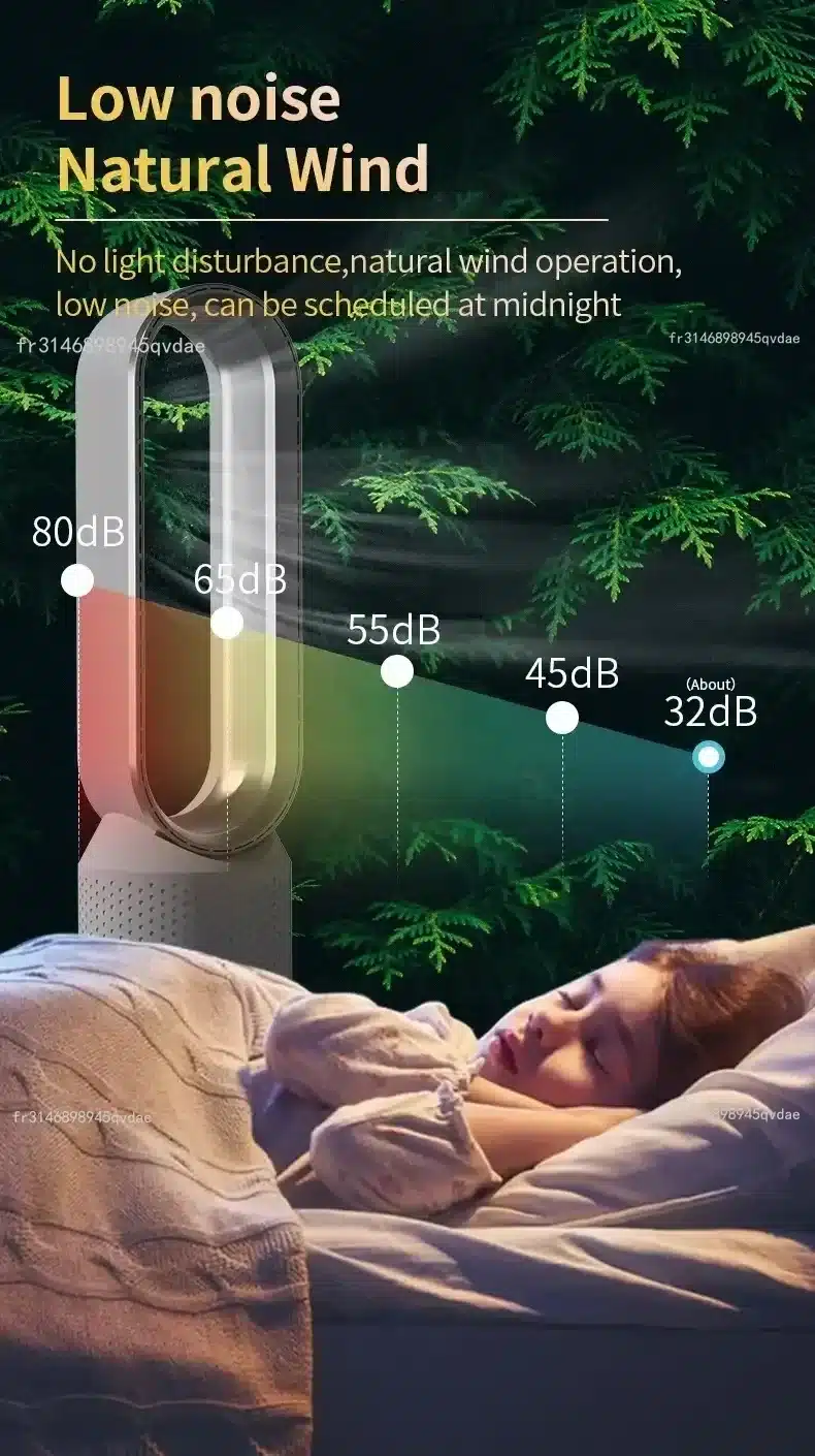 naine magab voodis, taustal labadeta ventilaator ja mürataseme graafik