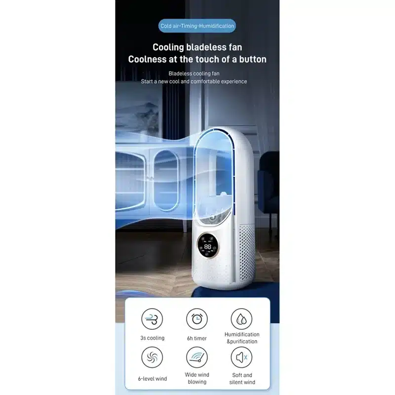 kompaktne valge õhuniisutaja ja ventilaator, millel on digitaalne ekraan ja modernne disain