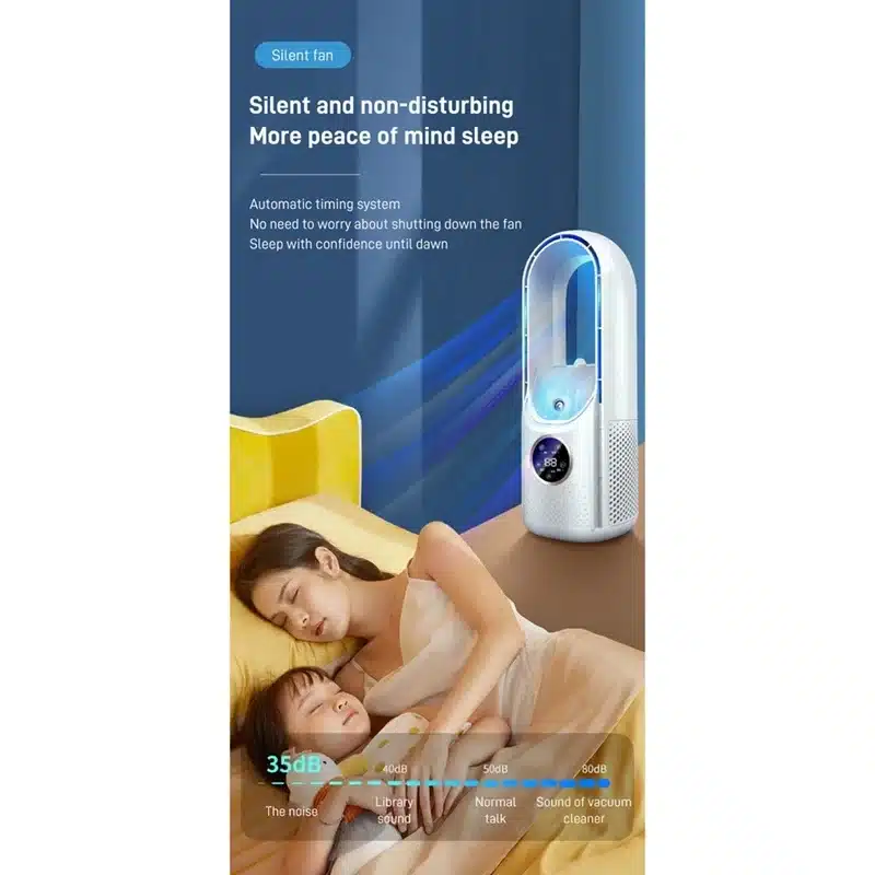 kompaktne valge õhuniisutaja ja ventilaator magamistoas voodi kõrval