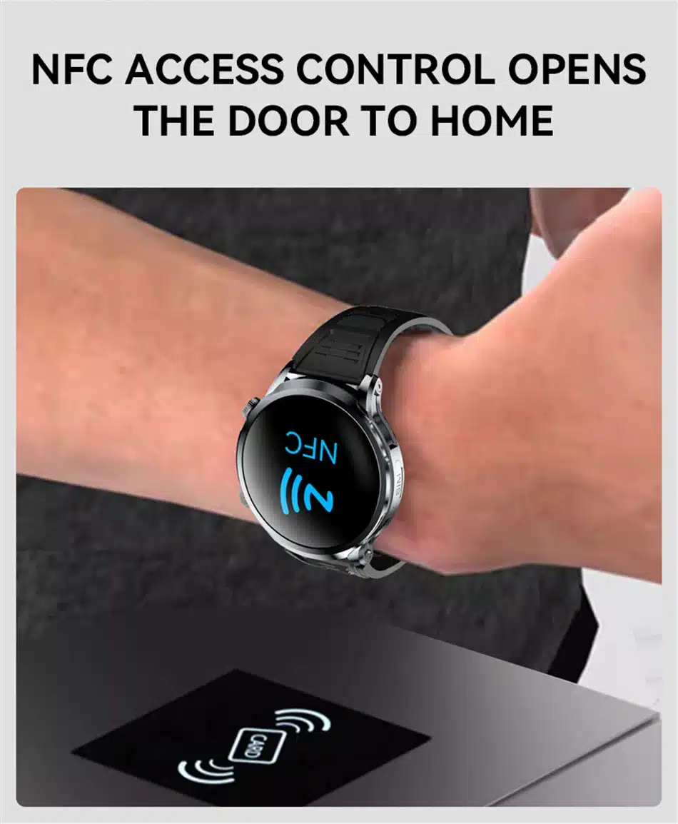 mees kannab musta nutikella, mille ekraanil on NFC sümbol