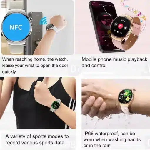 õhuke nutikell naise randmel, NFC funktsiooniga, veekindel ja spordirežiimidega