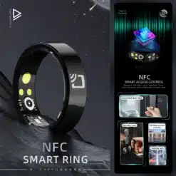 must nutisõrmus NFC logoga, taustal tehnoloogilised elemendid