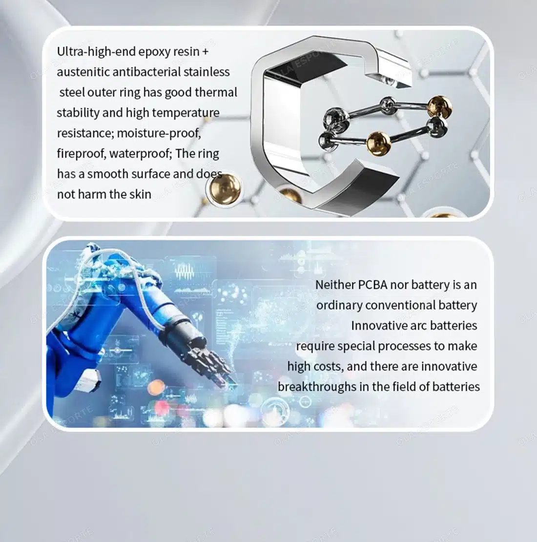 hõbedane nutisõrmus kuldsete detailidega ja sinine robotkäsi
