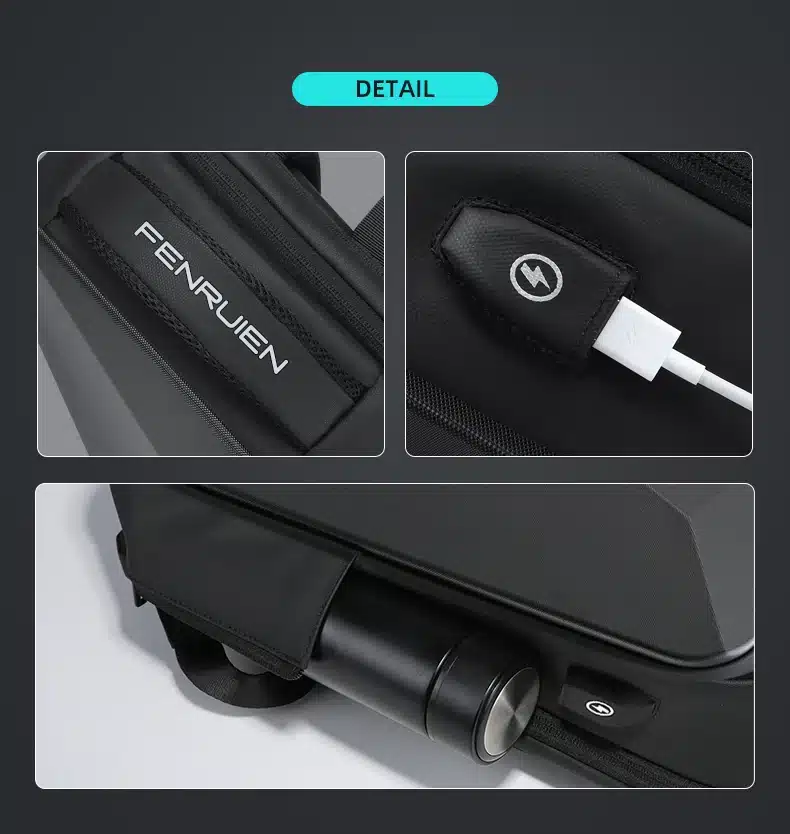 must äriklassi seljakott USB laadimisvõimalusega ja turvalise lukustussüsteemiga