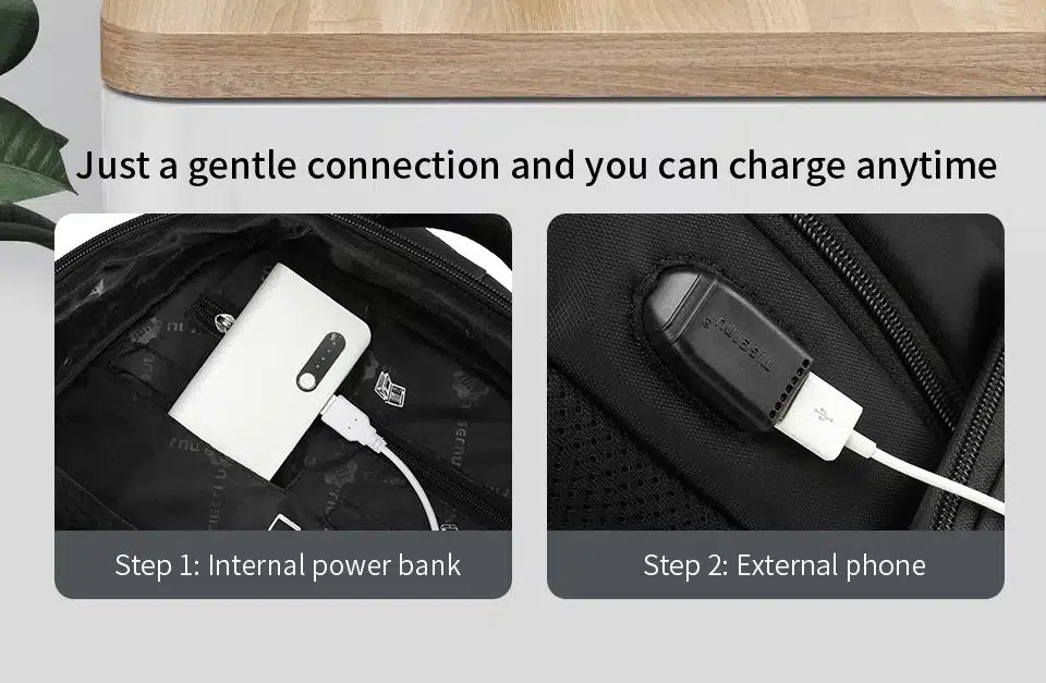 seljakoti sisetaskus on toitepank ja välisküljel USB-pesa
