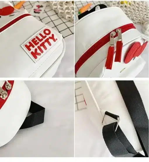 valge seljakott punaste detailidega ja Hello Kitty logoga