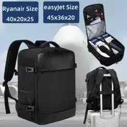 mustad seljakotid lennujaama taustal, üks avatud ja teine kohvri küljes
