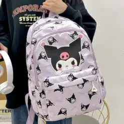 lilla anime stiilis seljakott tüdrukutele, millel on musta ja roosa maskotiga muster