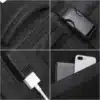 must seljakott koos USB laadimisporti, tasku ja klambriga