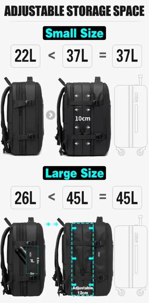 must reguleeritava suurusega seljakott, mille maht on 22L kuni 45L