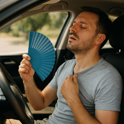 mees jahutab lehvikuga ennast kuumas autos