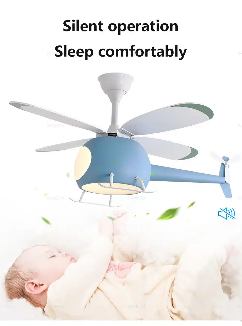sinine helikopterikujuline laelamp ventilaatoriga, sobib lastetuppa