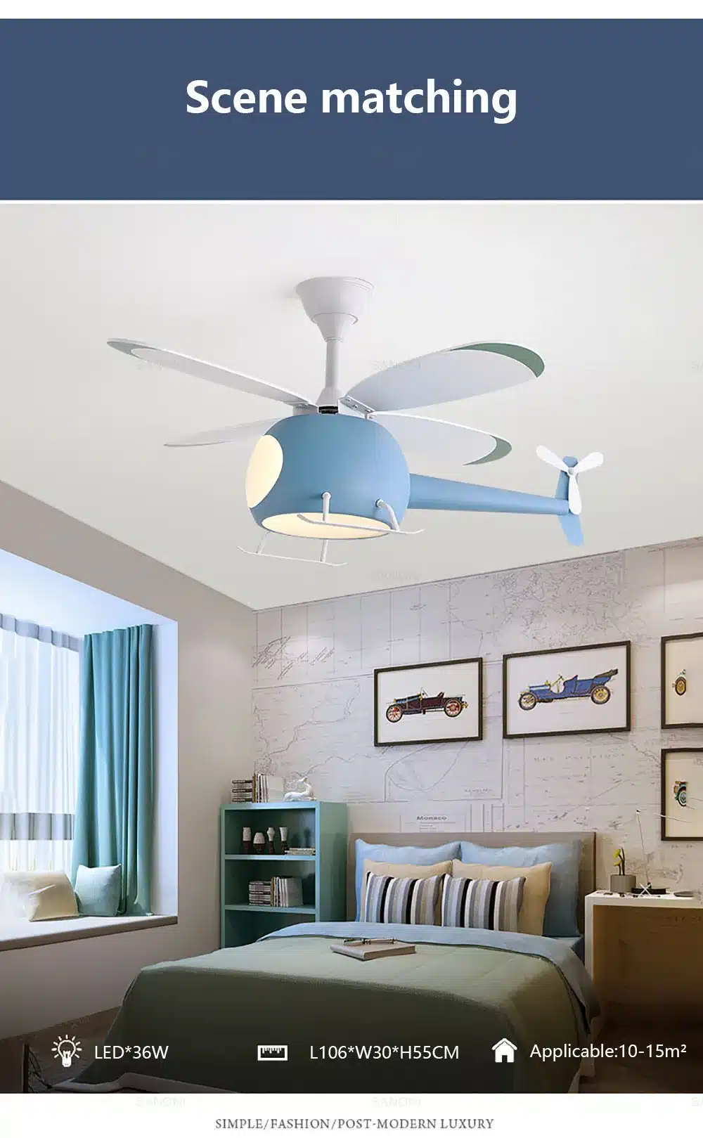 sinine helikopterikujuline laelamp ventilaatoriga lastetoas