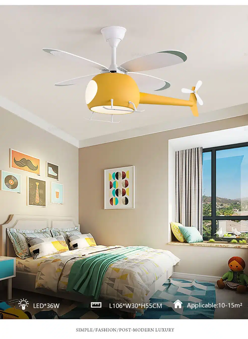 kollane helikopterikujuline laelamp ventilaatoriga lastetoas