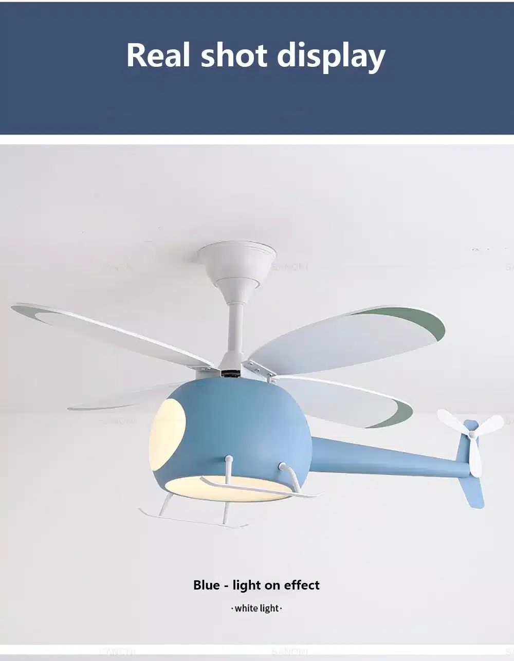sinine helikopteri kujuline laelamp ventilaatoriga