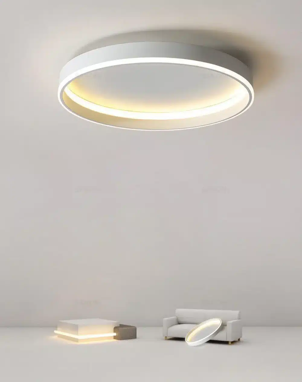 valge ümmargune LED laevalgusti minimalistlikus ruumis