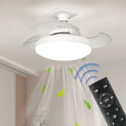 valge laelamp ventilaatoriga ja kaugjuhtimispuldiga