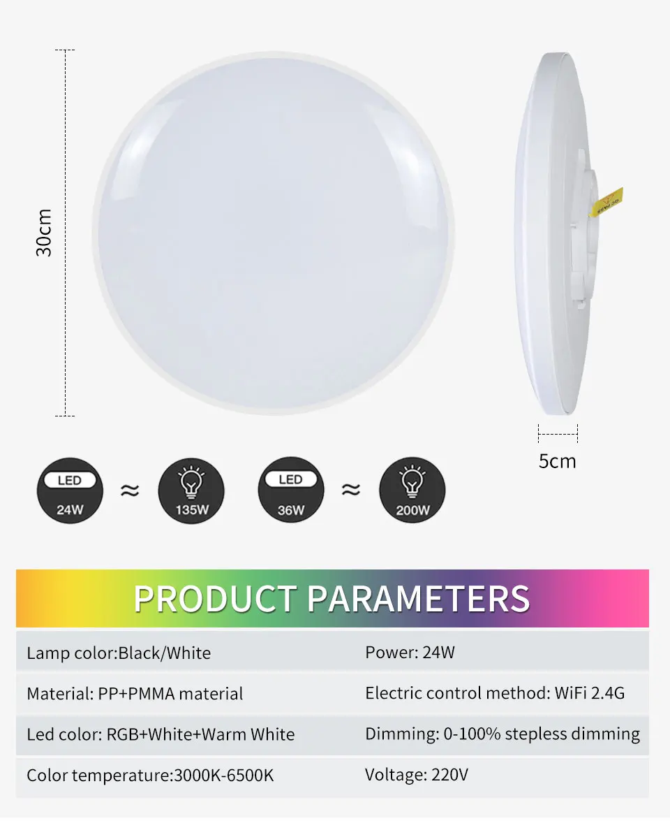 ümmargune valge LED valgusti, mille läbimõõt on 30 cm ja kõrgus 5 cm