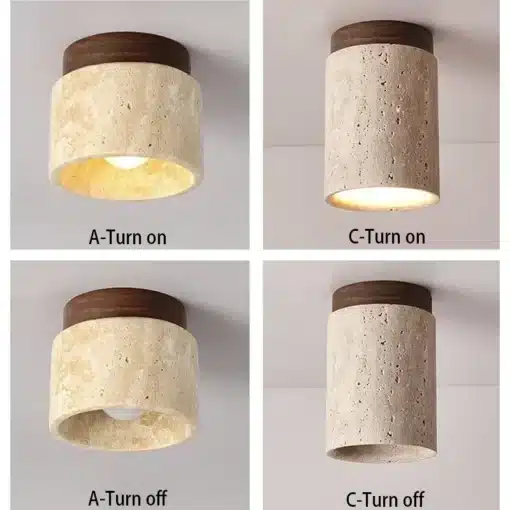 kivist ja puidust laelamp, mis on sisse ja välja lülitatud