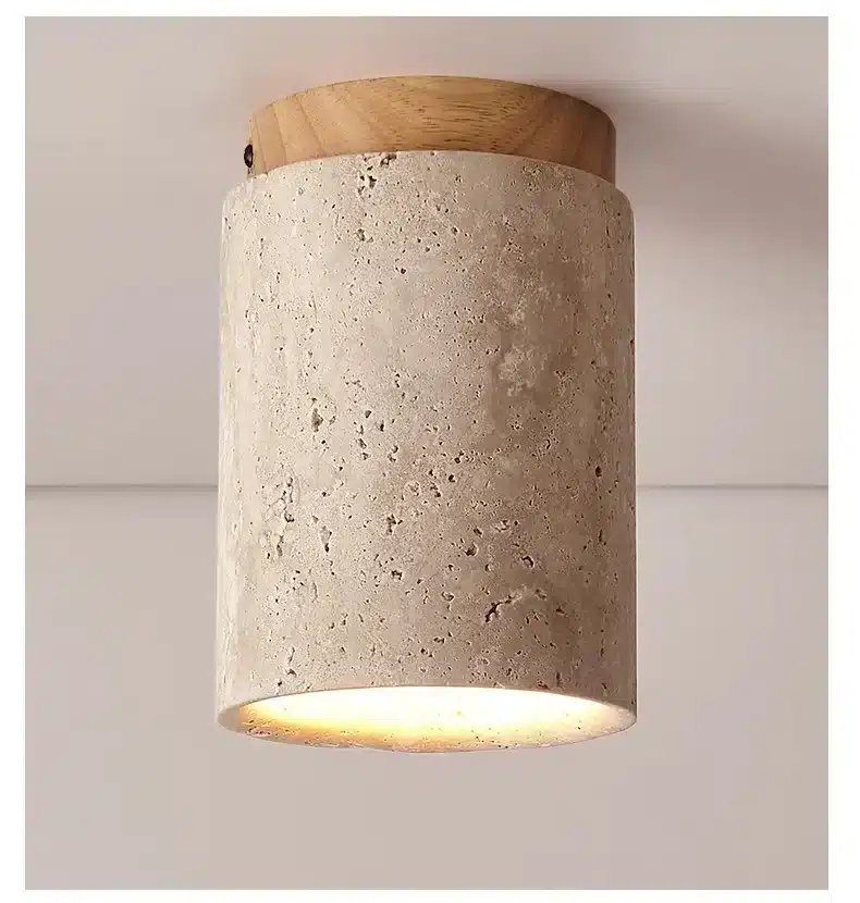 kivist ja puidust laelamp, silindrikujuline, helehall ja naturaalne puit